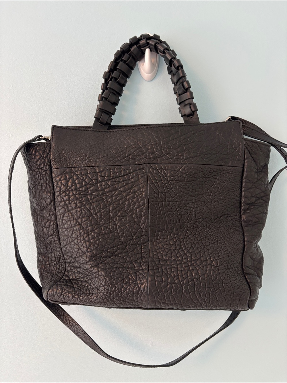 Textured Black Leather Shoulder Bag with Braided Handles